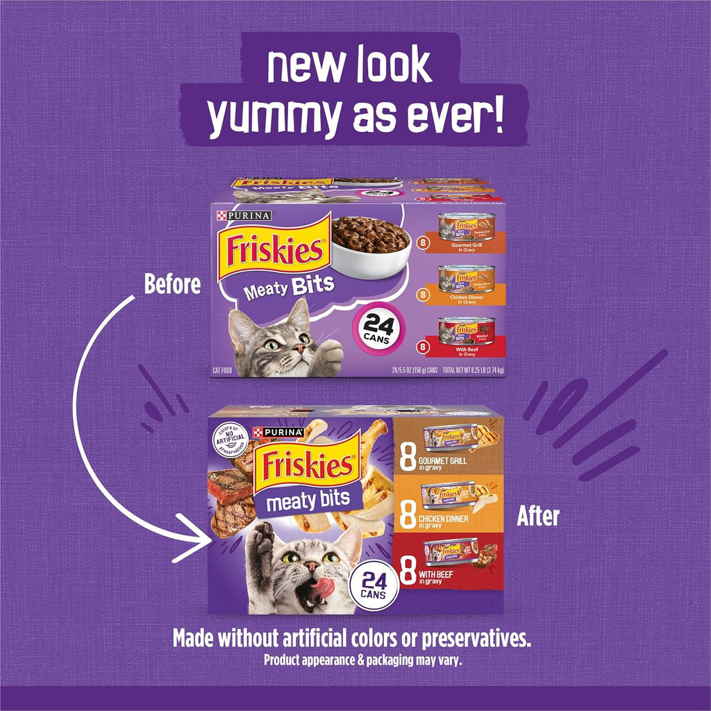 Close-up of Purina Friskies wet cat food cans showing flavor varieties
