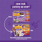 Close-up of Purina Friskies wet cat food cans showing flavor varieties