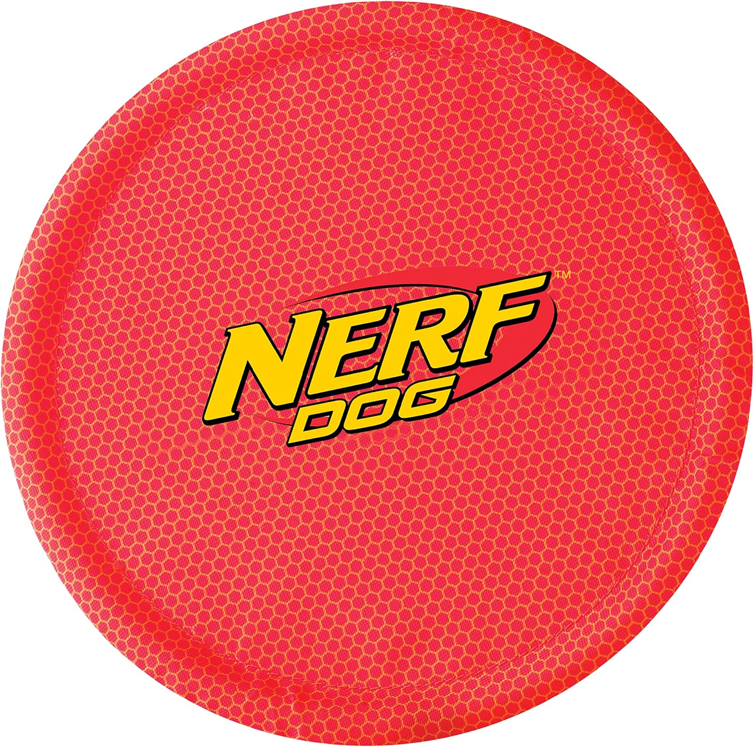 Side angle view of Nerf Dog red nylon frisbee for dogs