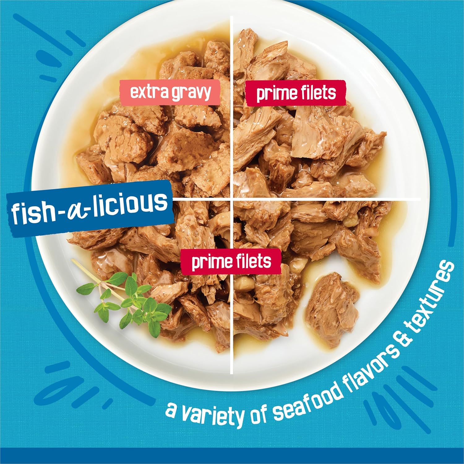 Assorted seafood cans of Purina Friskies wet cat food