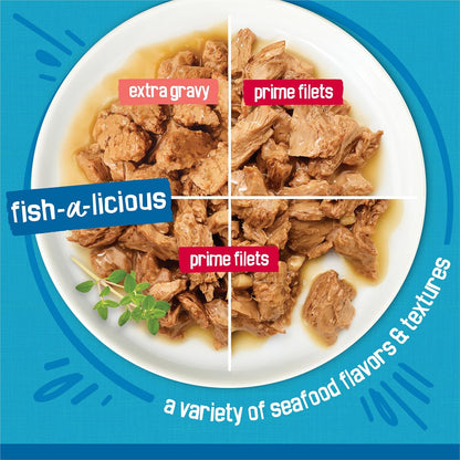 Assorted seafood cans of Purina Friskies wet cat food