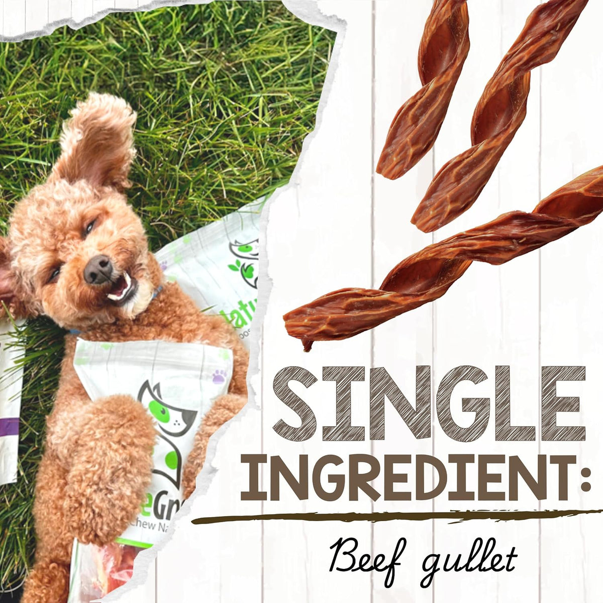 Dog chewing on natural beef jerky stick treat