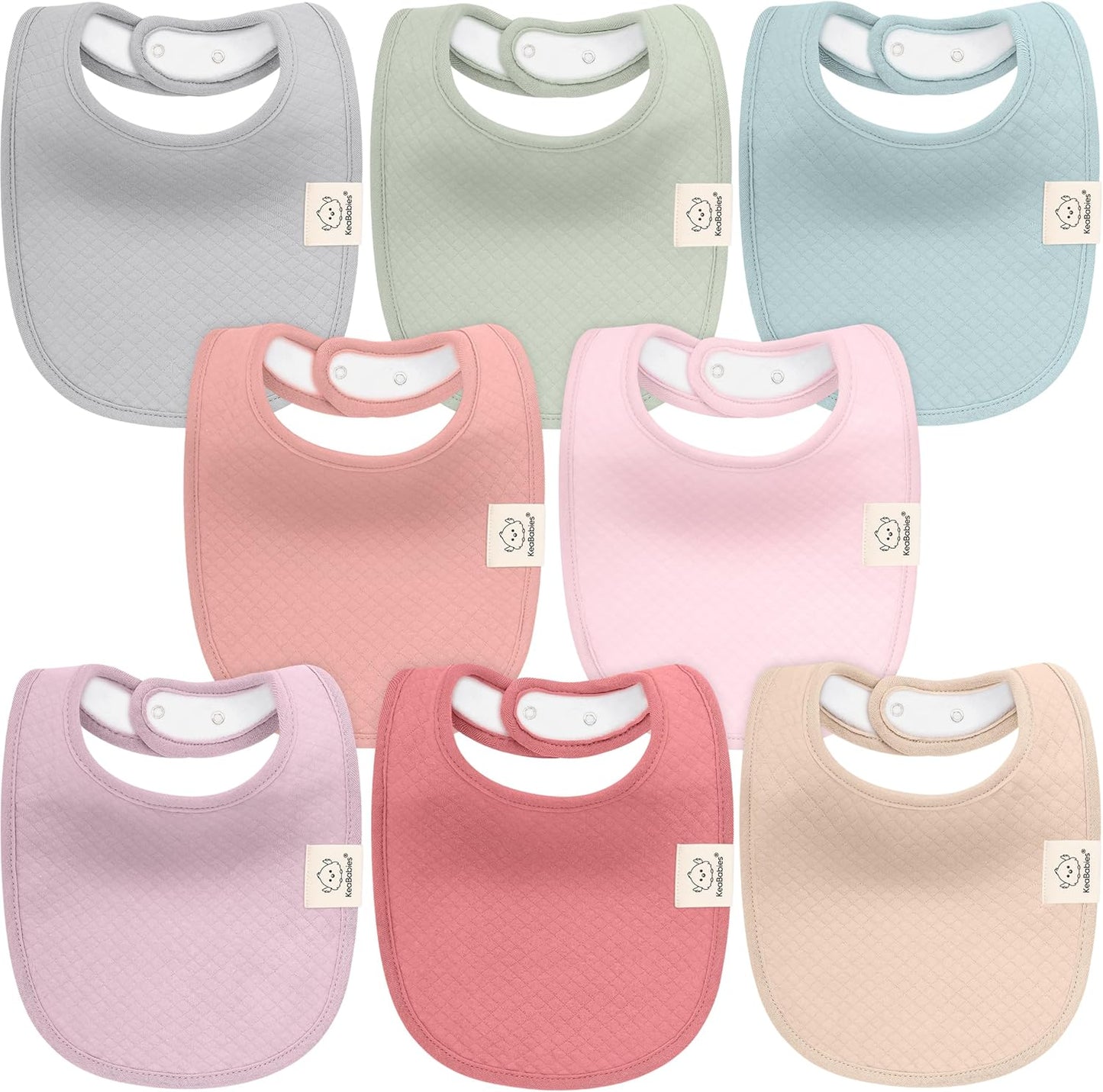 KeaBabies 8-Pack Organic Quilted Cotton Bibs front view in muted pastel colors.