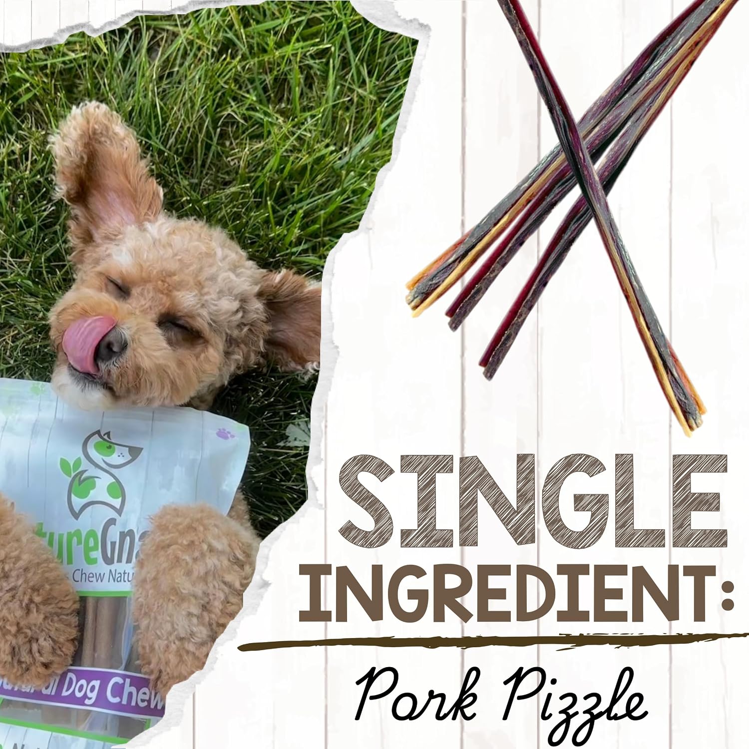 Premium natural bacon dog chew treats showing texture and thin design