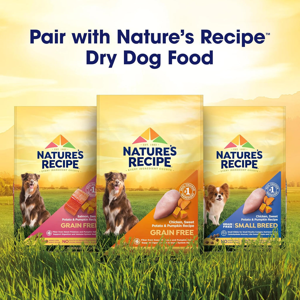 Nature's Recipe grain free wet dog food variety pack ingredients and feeding guide.