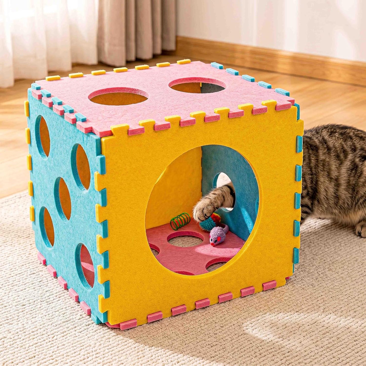 Cats playing through the peek holes of the MOYMO felt dice cat cave