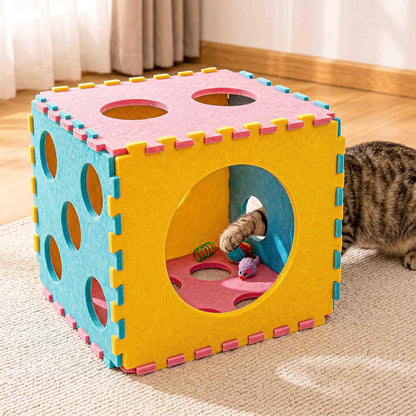 Cats playing through the peek holes of the MOYMO felt dice cat cave