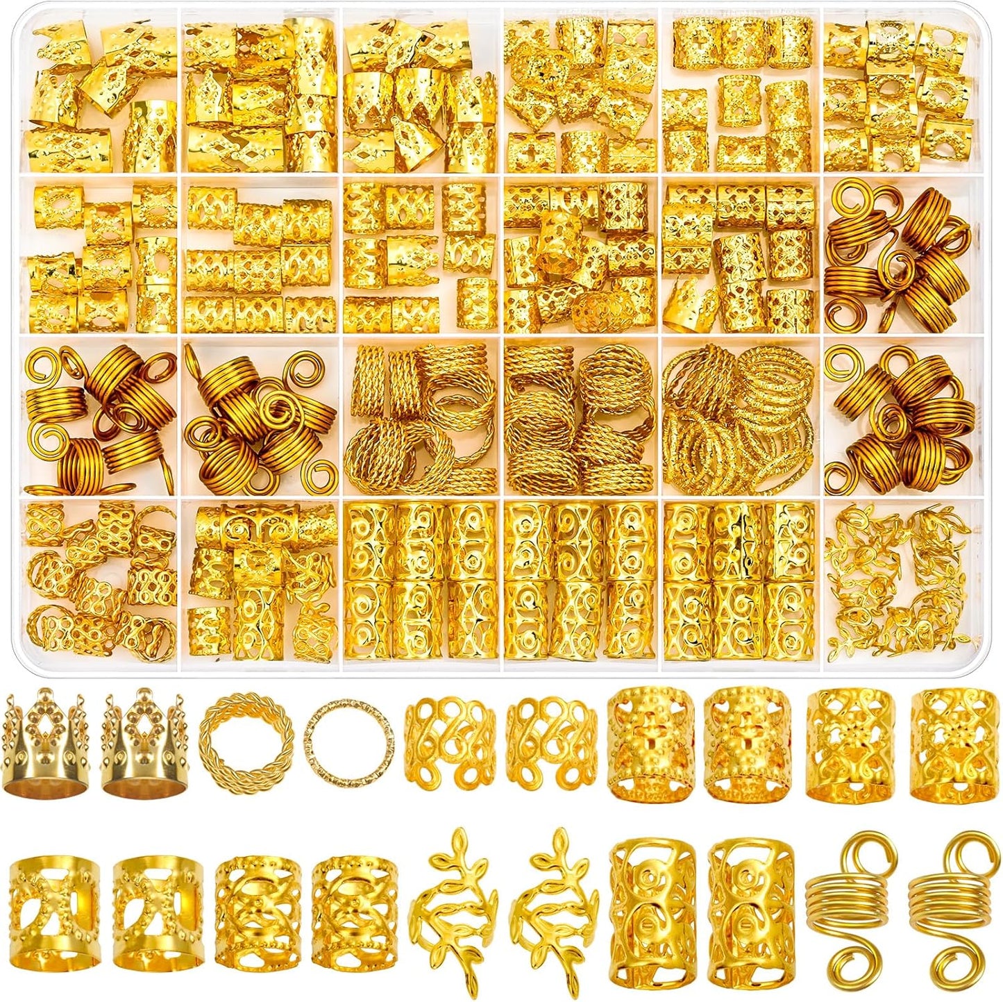 Lucomb gold hair jewelry for braids 220 pieces set front view