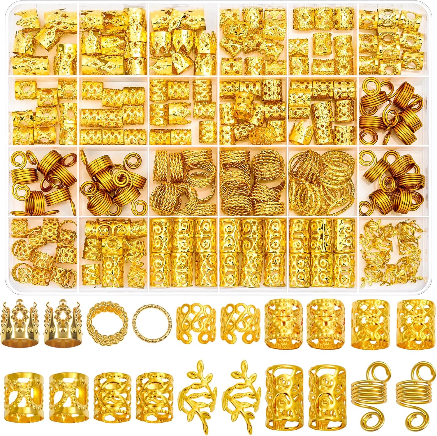Lucomb gold hair jewelry for braids 220 pieces set front view