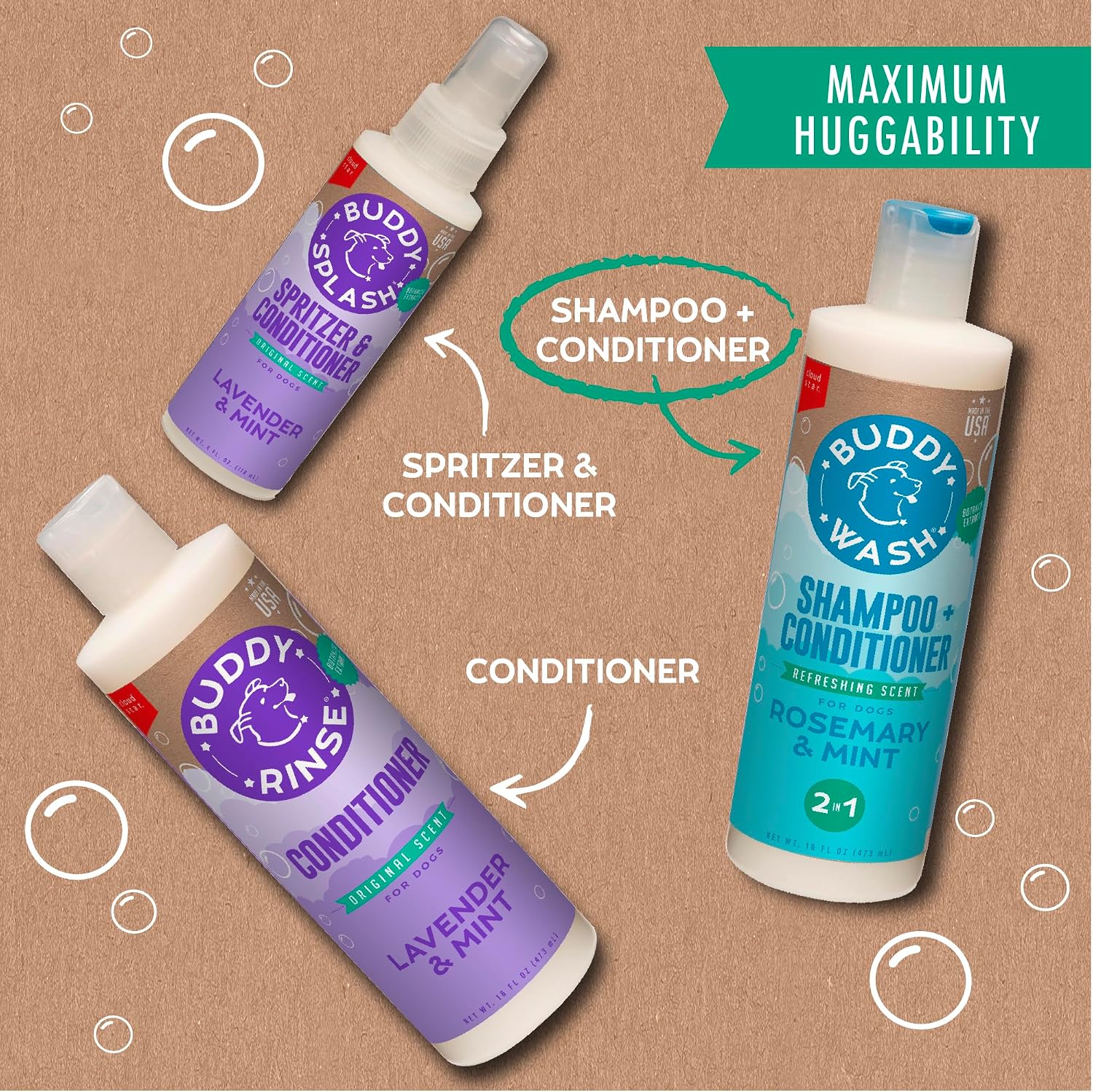 Lifestyle shot of Buddy Wash shampoo for dog bath time