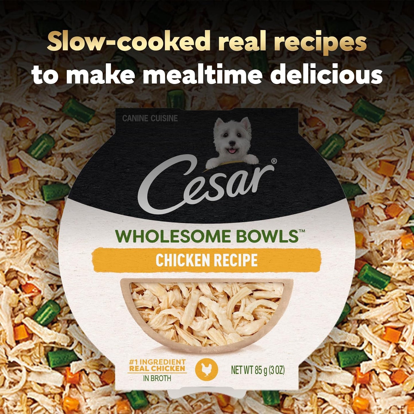 Cesar soft pet food topper mixed with dry kibble in a dog bowl