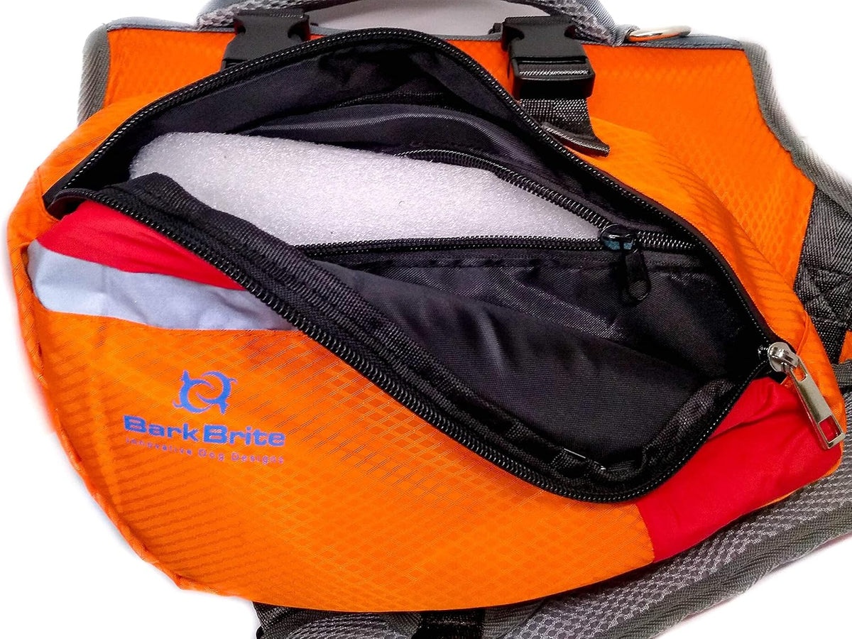 Bark Brite pet life jacket with top rescue control handle close up view
