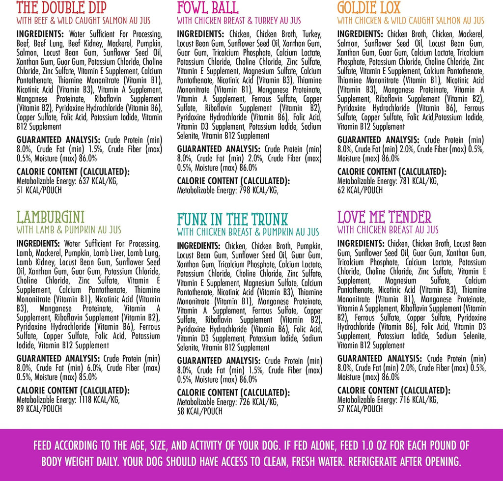 Top view of six different Weruva dog food pouch flavors