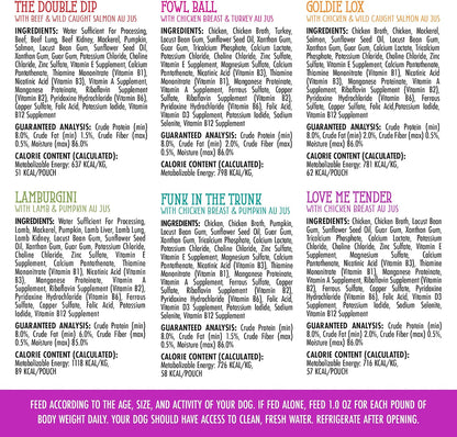 Top view of six different Weruva dog food pouch flavors