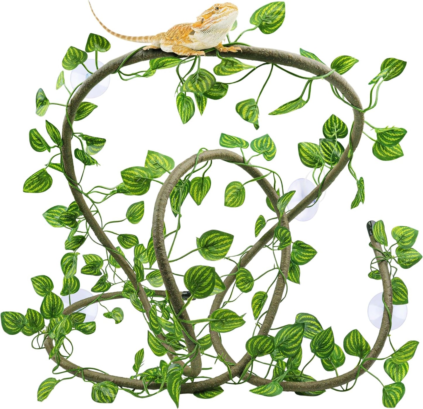 Quozuo reptile tank accessories kit featuring bendable vines and artificial leaves