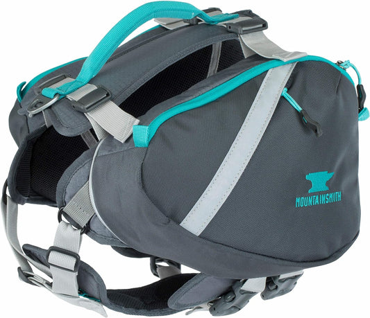 Mountainsmith K9 Dog Pack in Caribe Blue small size front view showcasing the adjustable chest harness and padded sternum piece.