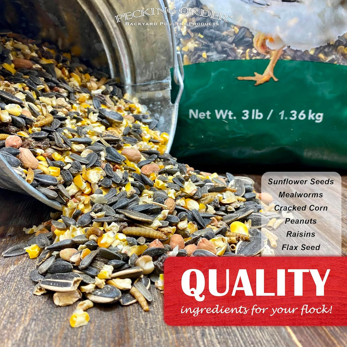 Close up of Pecking Order chicken treat ingredients including dried mealworms
