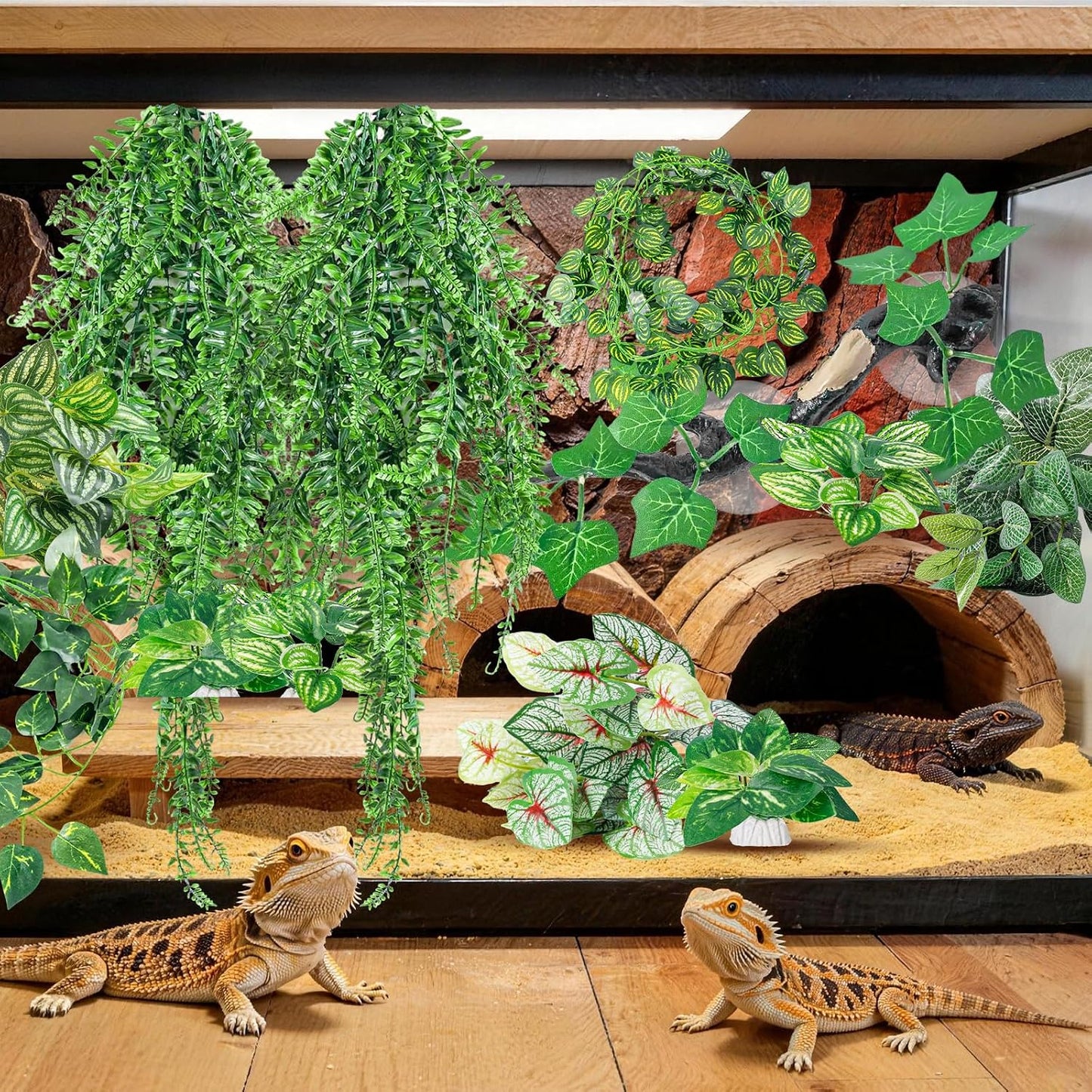 Artificial trunk and foliage for bearded dragon habitat