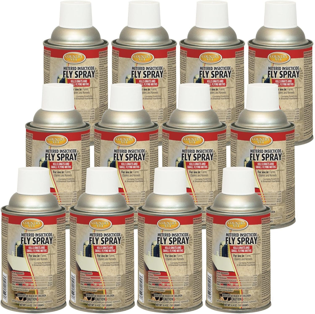Country Vet Metered Insecticide Fly Spray front view of the premium six point four ounce commercial aerosol canister.
