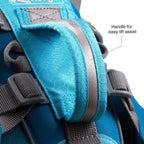 Padded top handle and reflective trim on a blue pet backpack