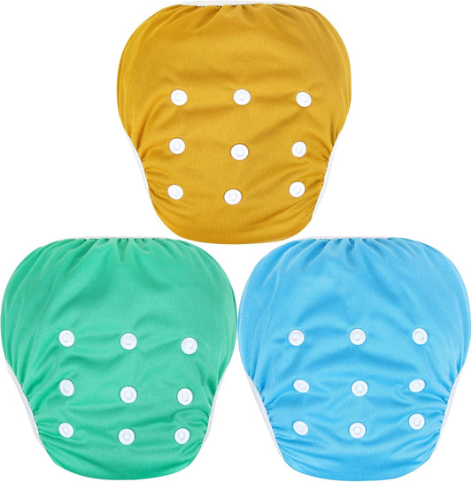 Leekalos reusable swim diaper pack front view showcasing adjustable snap buttons
