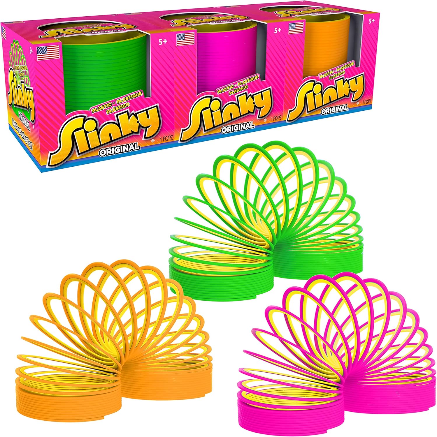 Slinky Original Walking Spring Toy Plastic 3-Pack front view showcasing neon yellow orange and pink colors
