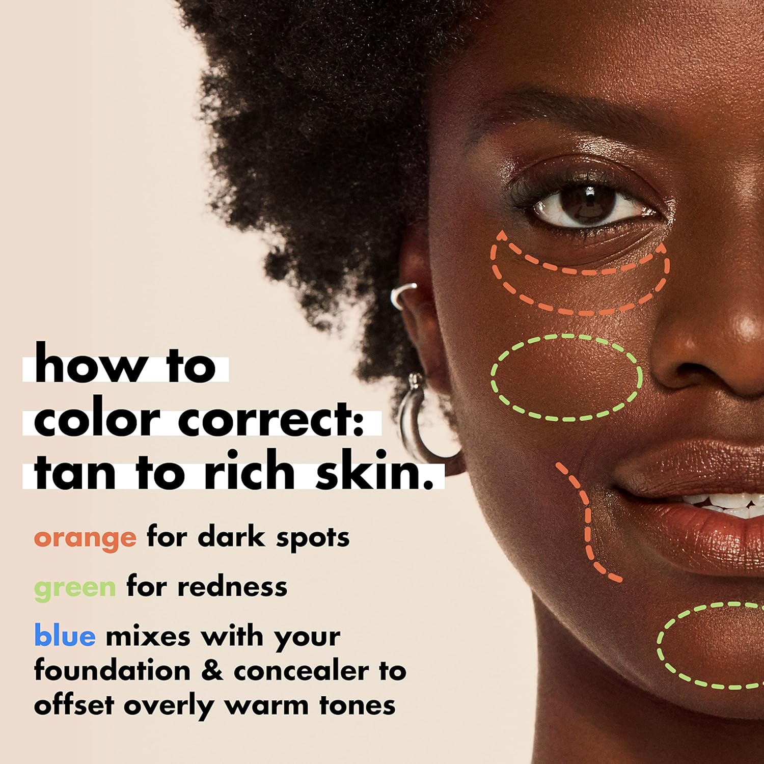 Skincare infused color corrector container featuring hyaluronic acid ingredient callout.