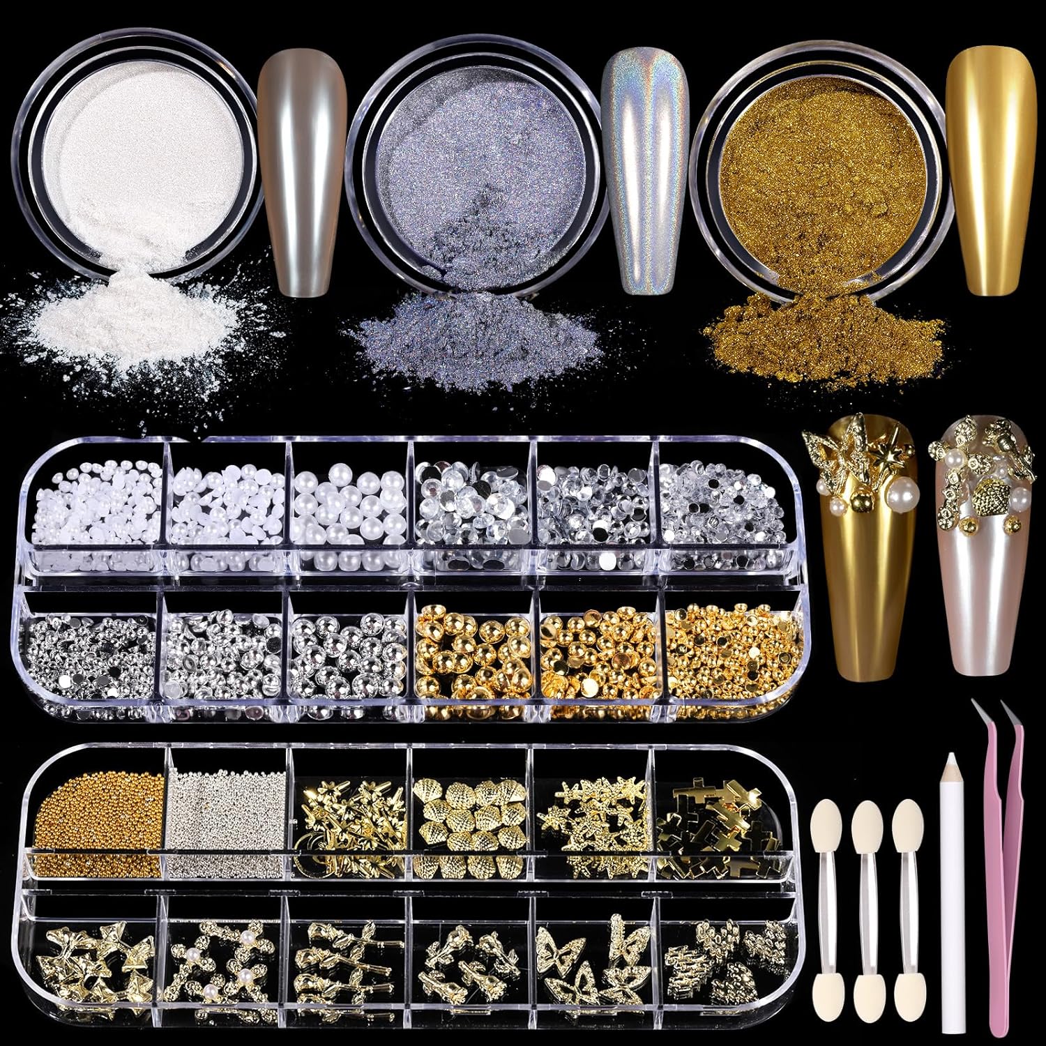 Teenitor gold chrome nail powder kit front view with charms