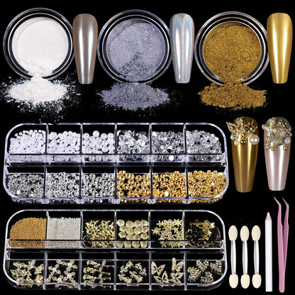 Teenitor gold chrome nail powder kit front view with charms