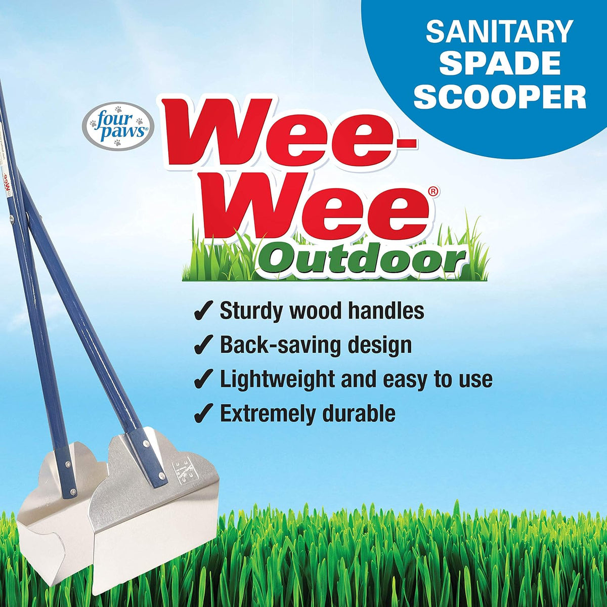 Four Paws outdoor pet cleanup tool highlighting the comfortable non slip rubber grip.