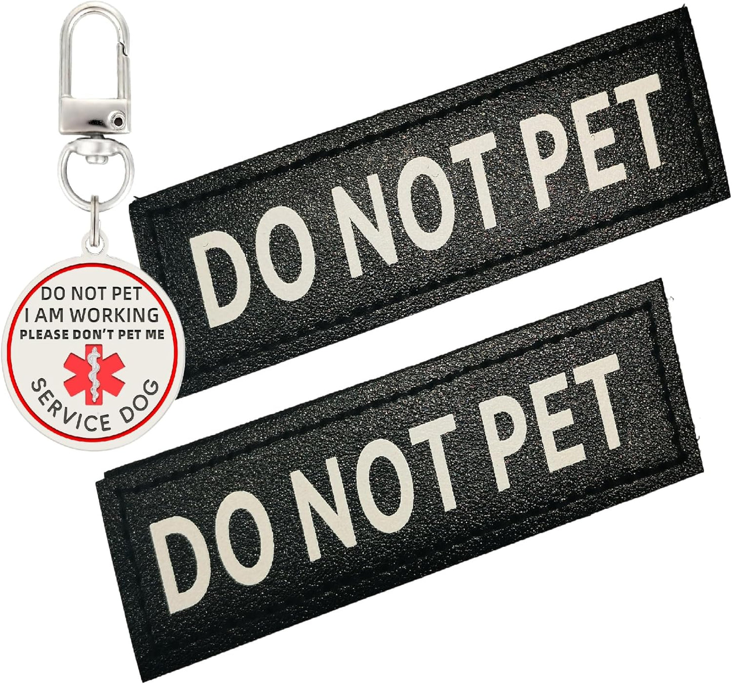 High visibility service animal vest patches with clear embroidered lettering for public safety.