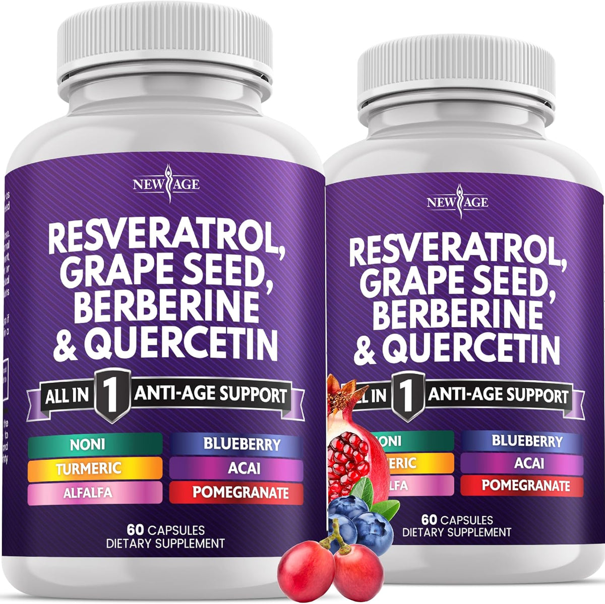 New Age Resveratrol and Berberine Antioxidant Complex front view showing vegetarian capsules bottle for healthy aging