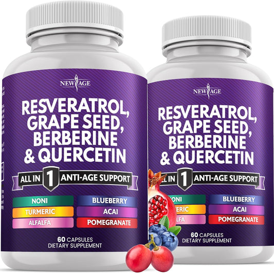 New Age Resveratrol and Berberine Antioxidant Complex front view showing vegetarian capsules bottle for healthy aging