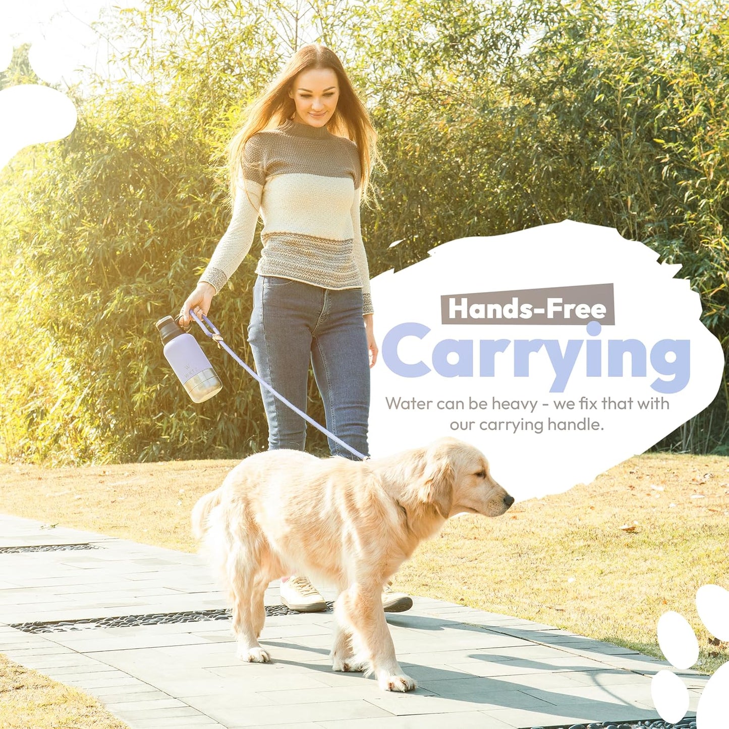 Wrtz lavender dog travel bottle standing upright with both feeding bowls attached securely.