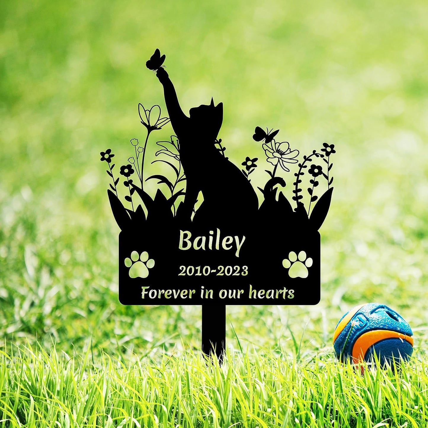 Custom Cat Name Memorial Grave Stake Marker, Personalized Floral Cat Memorial Grave Marker, Customized Flowers Butterfly Cat Memorial Stake Outdoor Metal Grave Plaque Cat Memorial Statue - Image 15