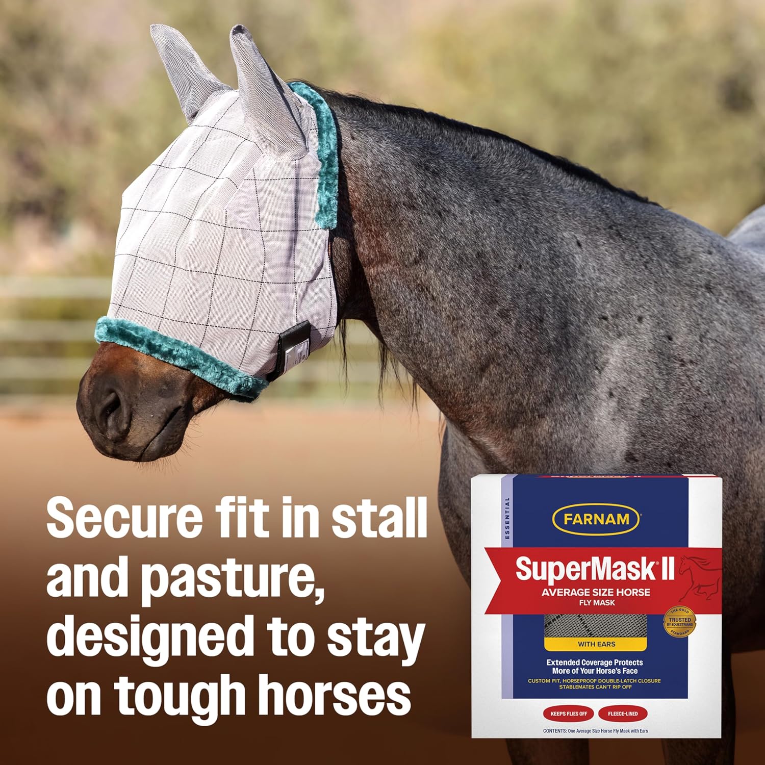 Farnam SuperMask II Horse Fly Mask WITH EARS, Extended Coverage Equine Fly Protection, Protects Eyes from Insects, Debris & UV, Adjustable Throat Latch, Plush Fleece Trim, Average Size - Image 9