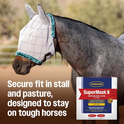 Farnam SuperMask II Horse Fly Mask WITH EARS, Extended Coverage Equine Fly Protection, Protects Eyes from Insects, Debris & UV, Adjustable Throat Latch, Plush Fleece Trim, Average Size - Image 9