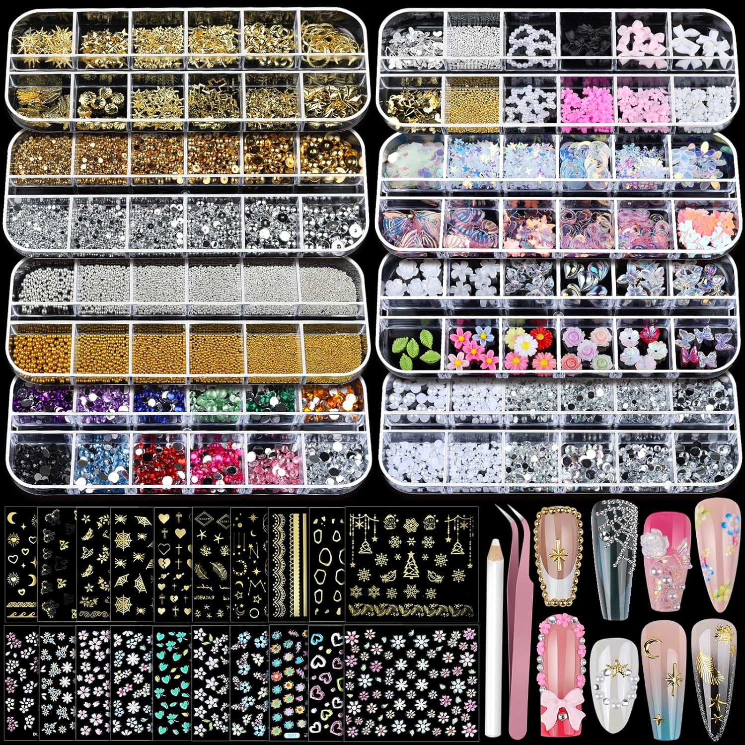 Teenitor nail charms and stickers kit front view with decorative gems