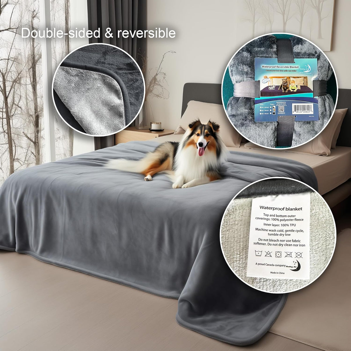 Bedding Aid dual shade grey water resistant blanket protecting a car seat from pet hair.