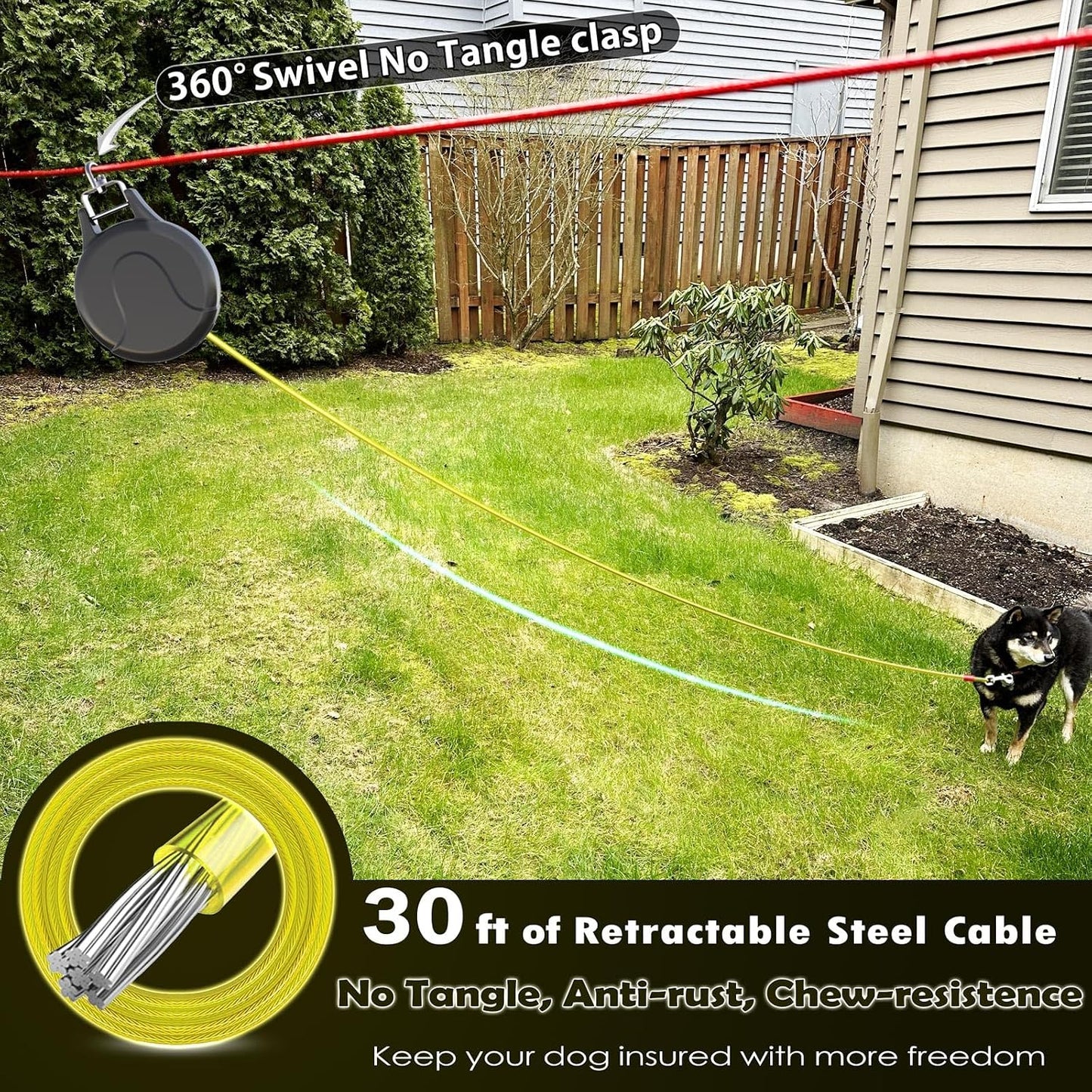 Close up of stainless steel clasp on dog tie out cable