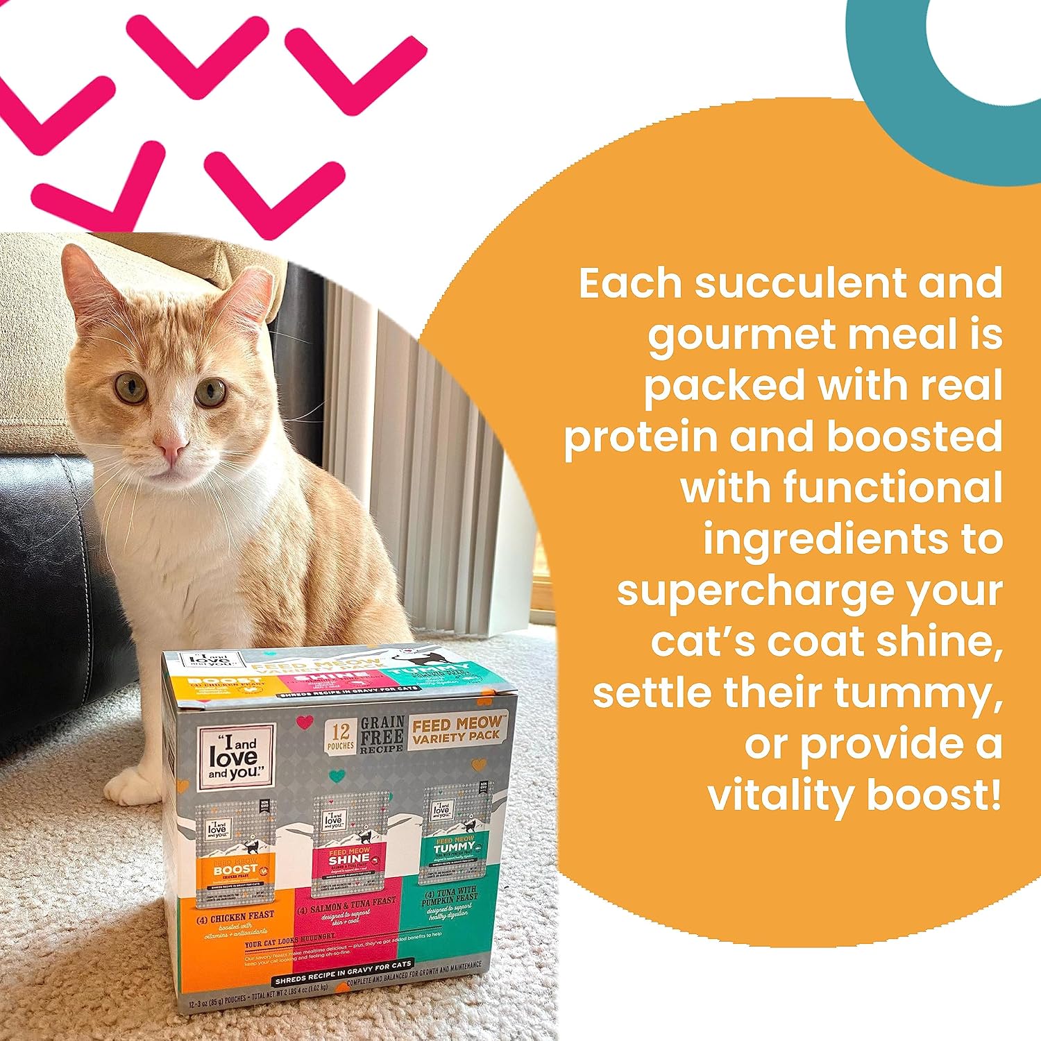 Single serve wet cat food pouch with wild caught tuna and fiber loaded pumpkin