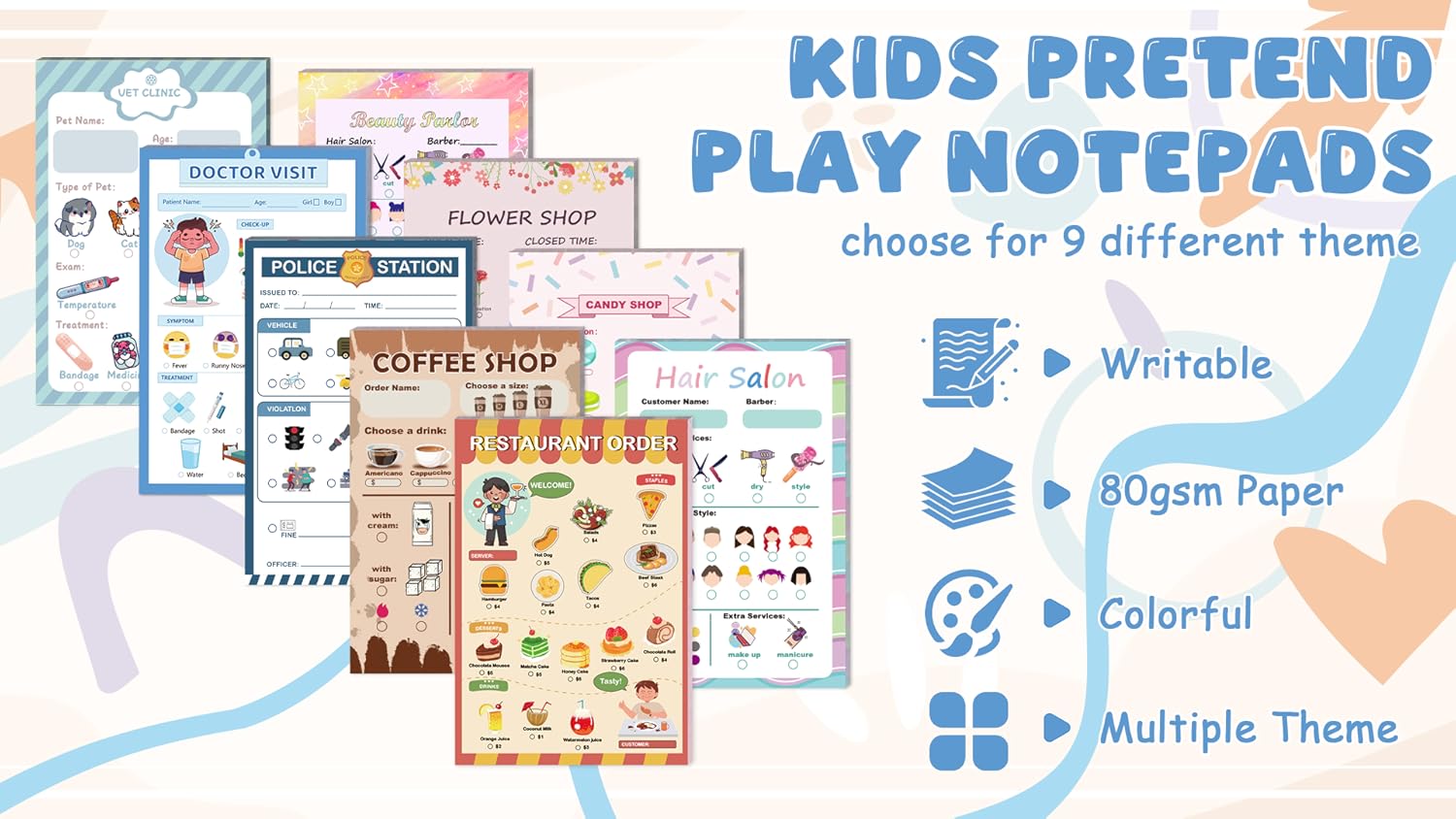 Educational pretend play notepads for travel and home use