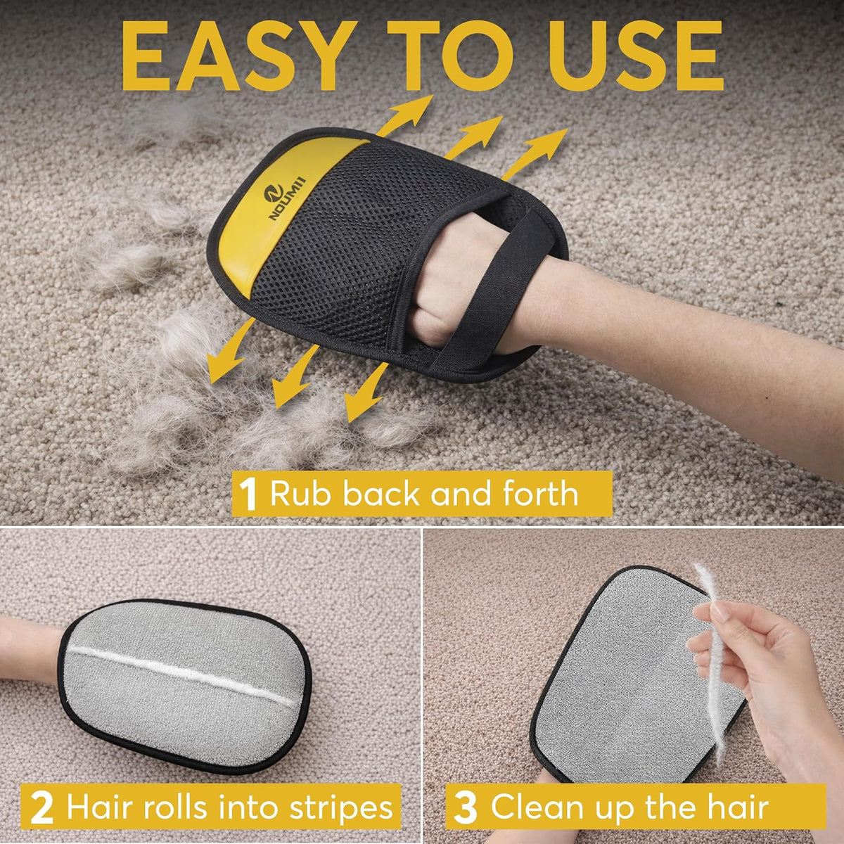 Pet owner grooming a cat with Noumii hair removal mitt