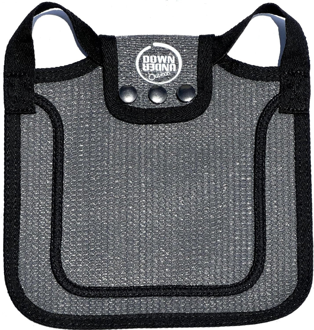 Detailed view of metal snap fasteners on Down Under Outdoors chicken apron.