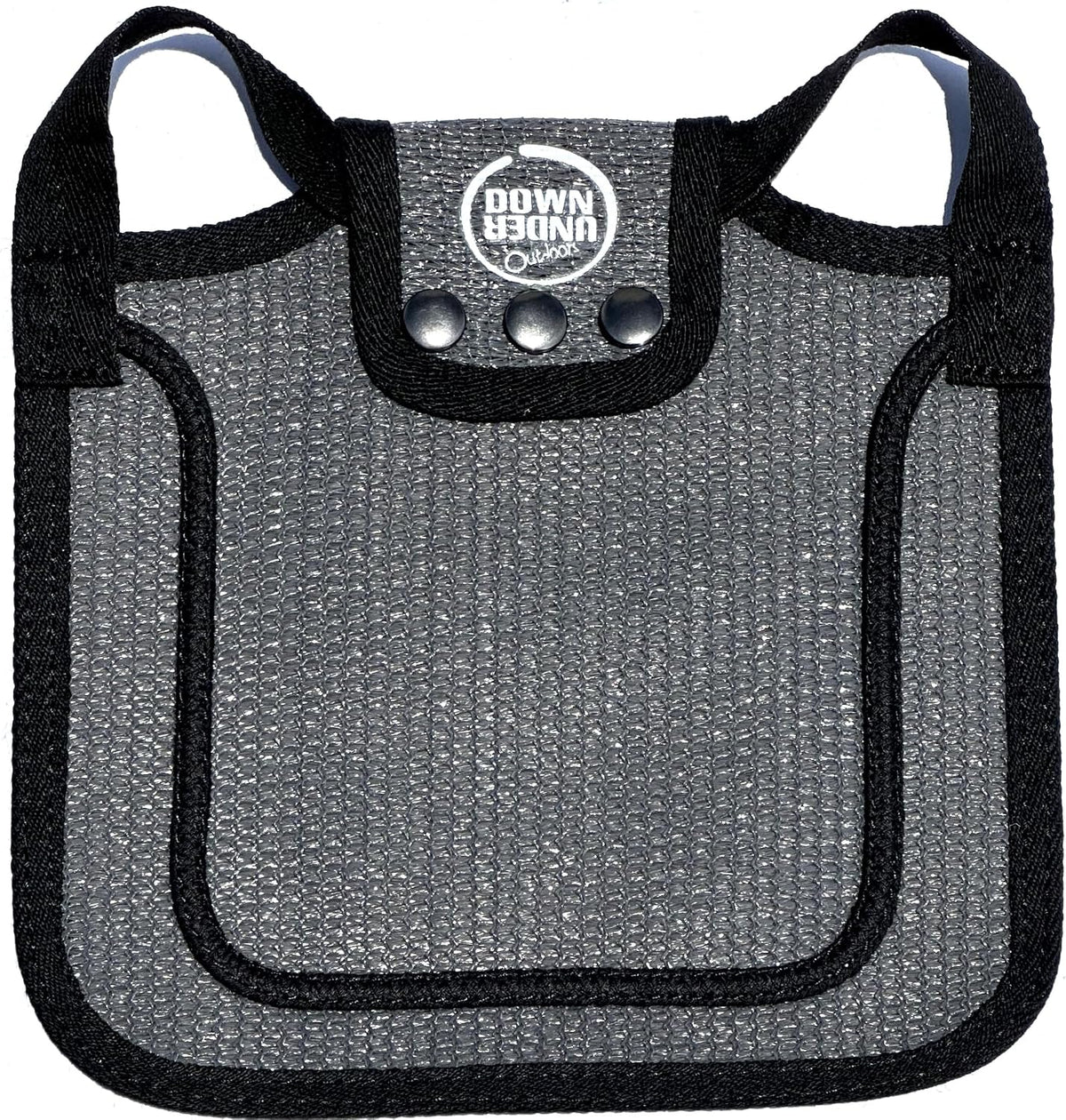 Detailed view of metal snap fasteners on Down Under Outdoors chicken apron.