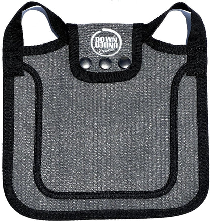 Adjustable poultry apron with metal snaps side view on medium hen