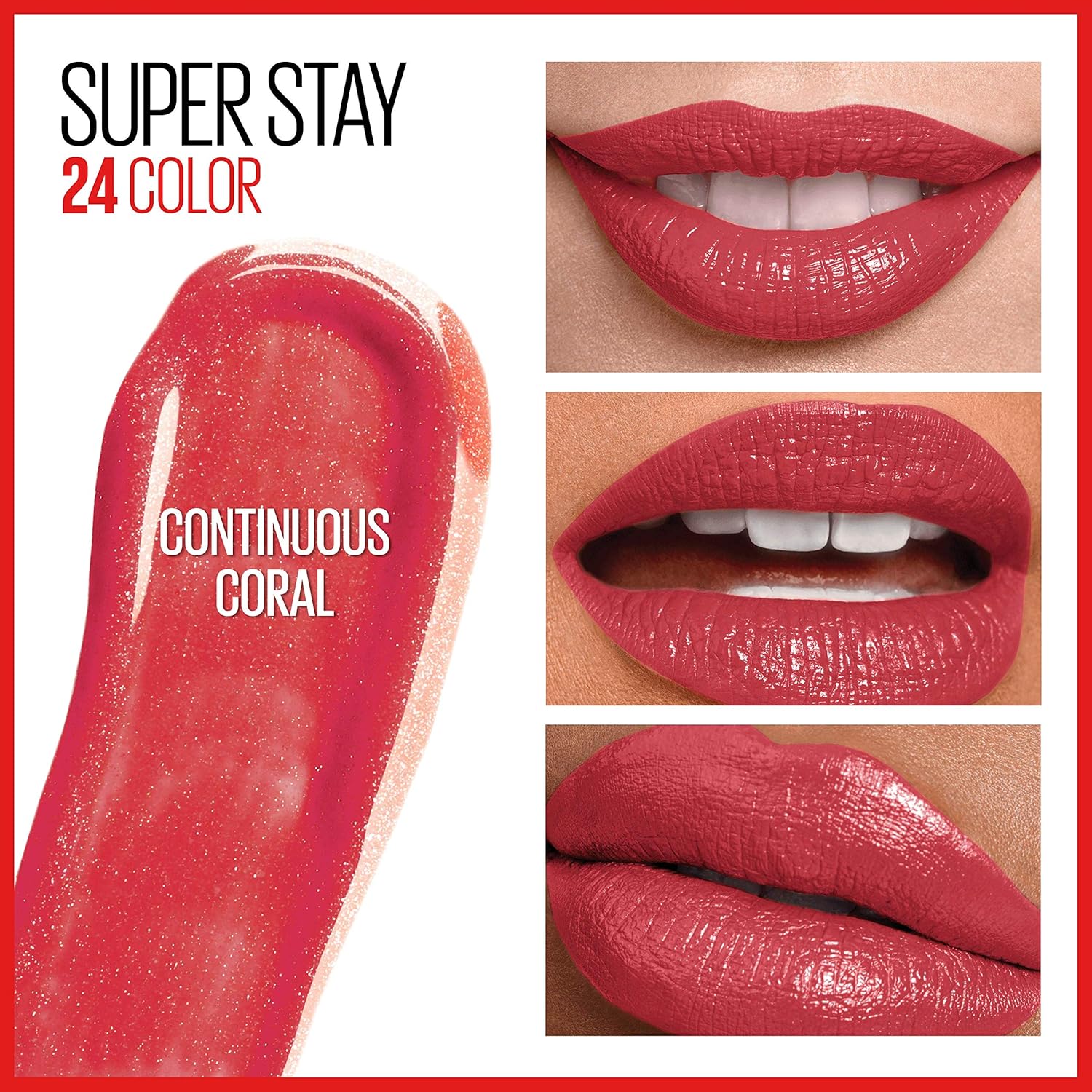 Maybelline Continuous Coral liquid lipstick close up showcasing the liquid color wand and moisturizing balm stick.