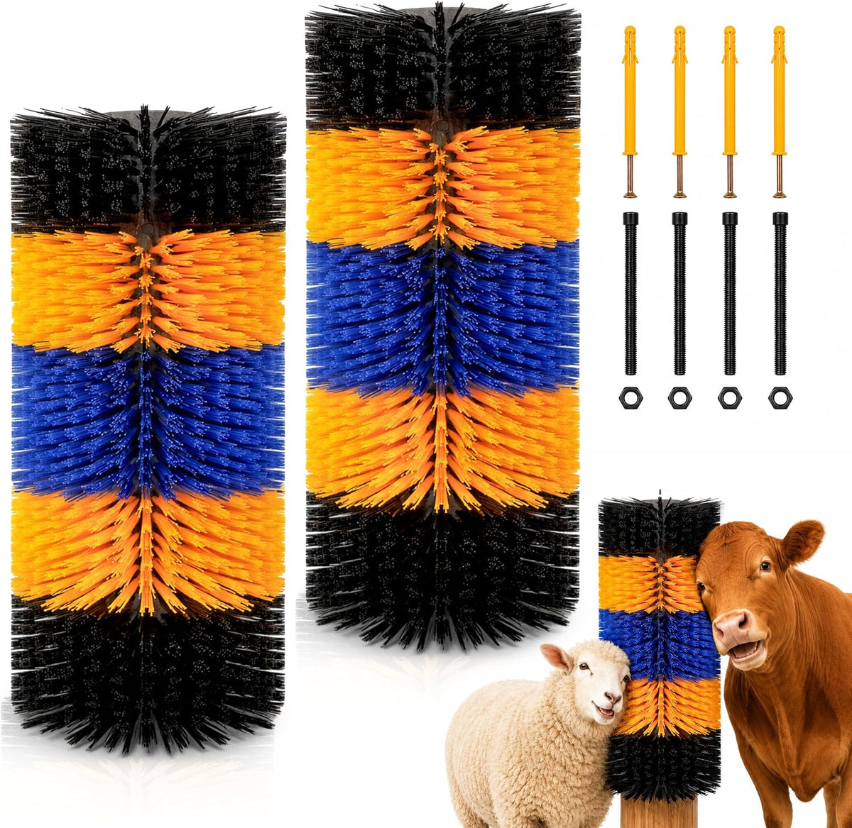 Joynny livestock scratching brush front view showing multi colored nylon bristles for cattle grooming
