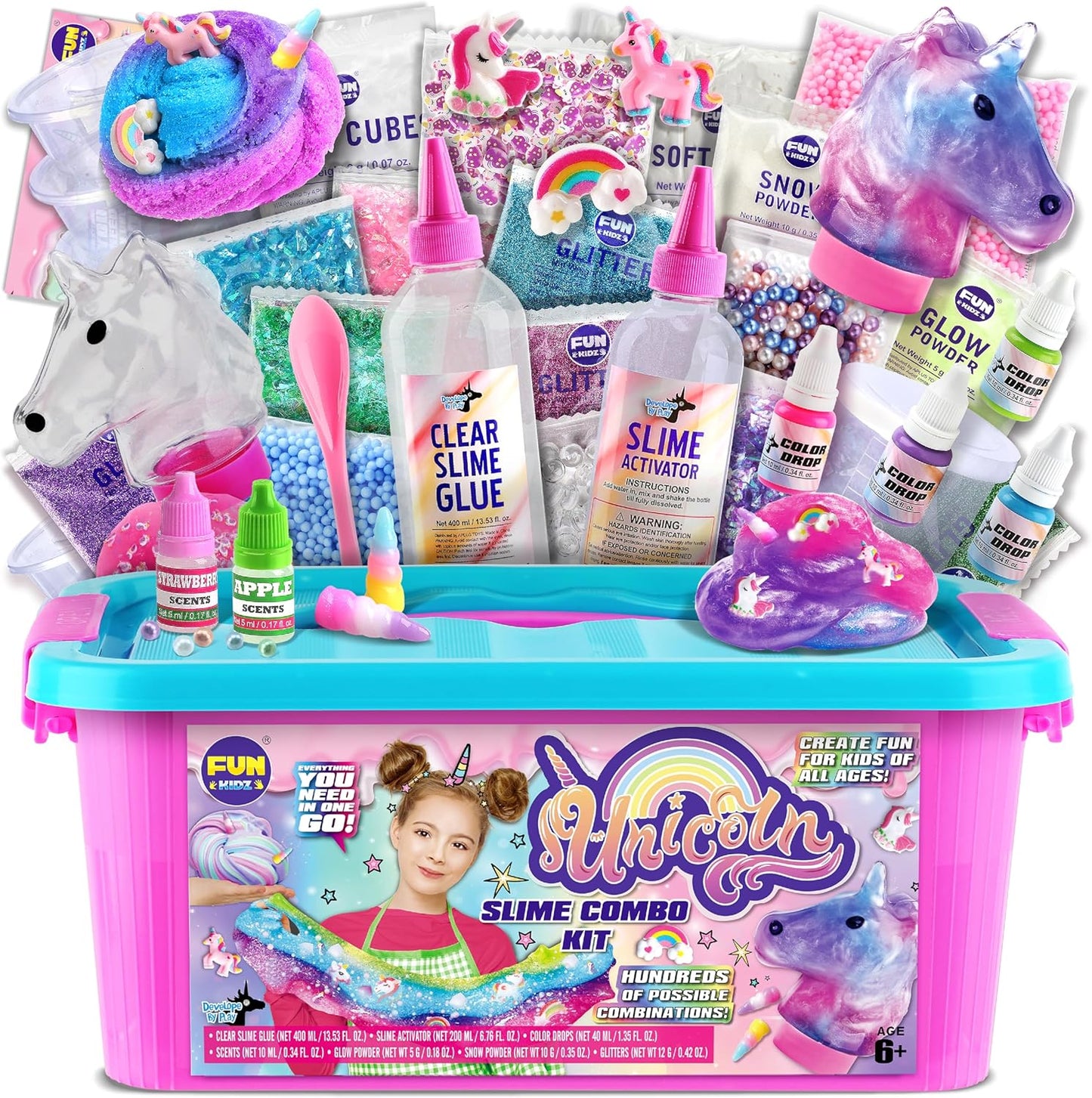 FUN KIDZ Fluffy Unicorn Slime Making Kit front view of pink storage box with charms and slime ingredients