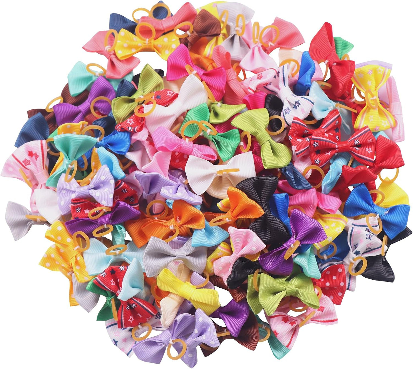 A diverse set of sixty pieces of cute bowknot pet hair ties.